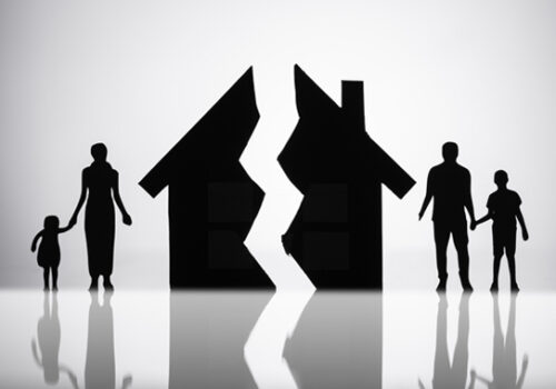 silhouette of broken house and family